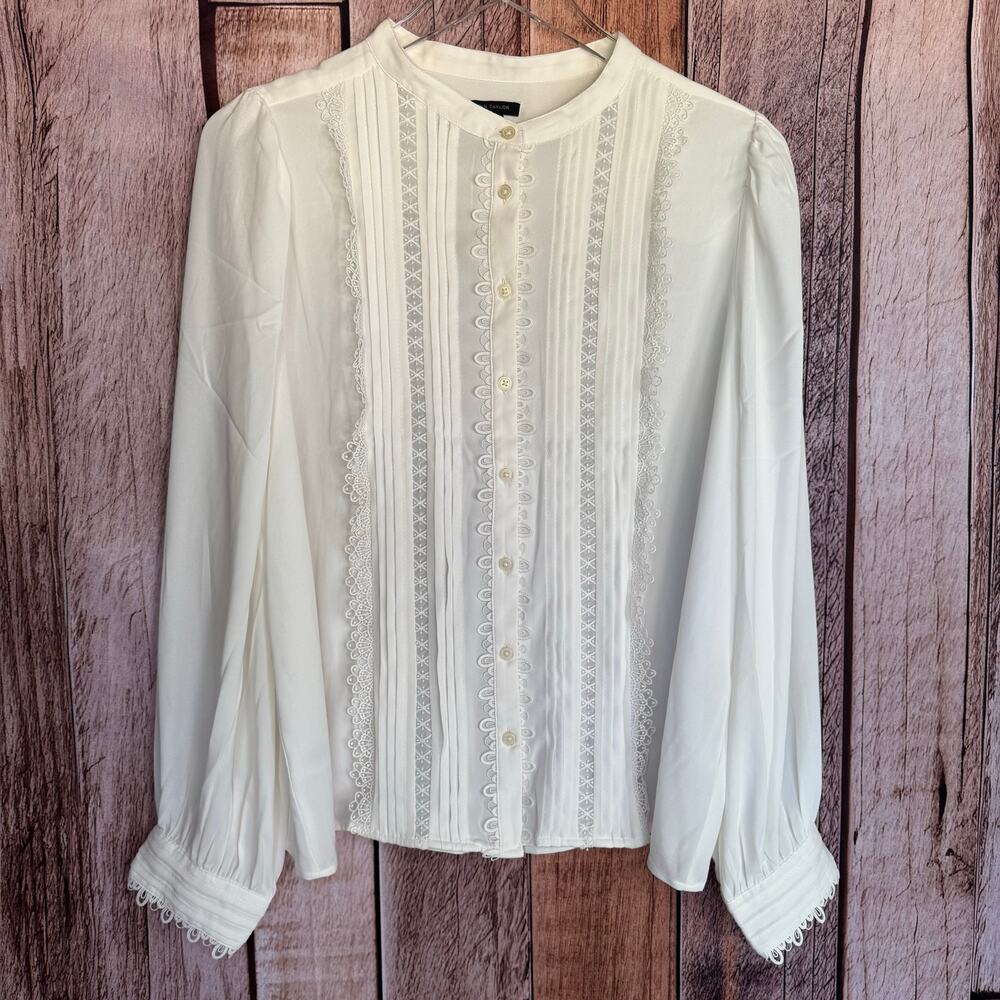 Ann Taylor Blouse Petite‎ Lace Trim Pintuck  Feminine Romantic Workwear Top XLP